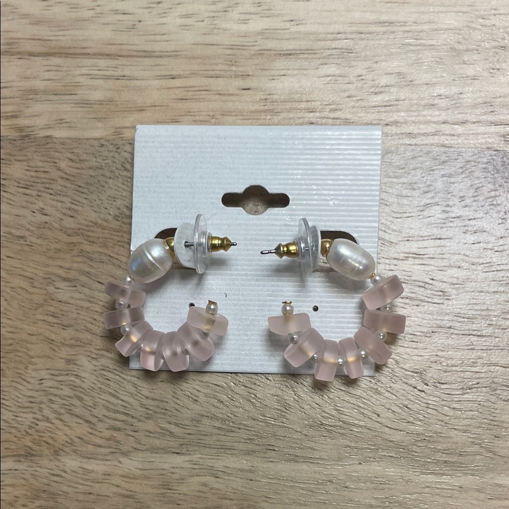 Lele Sadoughi Pink and Pearl Huggie Hoops
